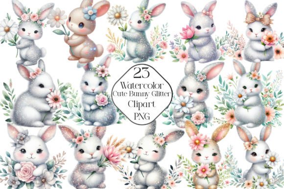 Download Watercolor Cute Bunny Glitter Clipart - Glitter Collection